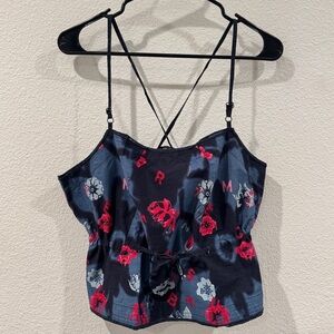 Marithe Francois Girbaud 100% Cotton Floral Blue Red Cropped Sleeveless Tank L